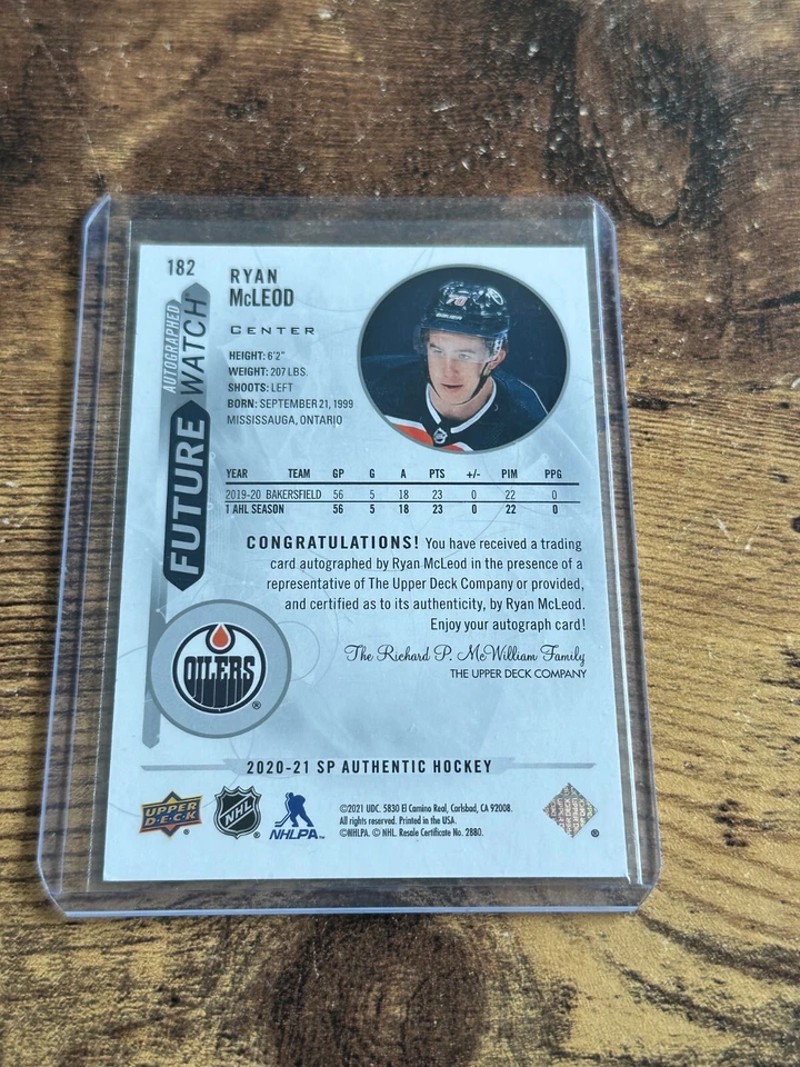 2020-21 SP Authentic Future Watch #182 Ryan McLeod AUTO RC /999 Rookie RC - Image 2 of 2