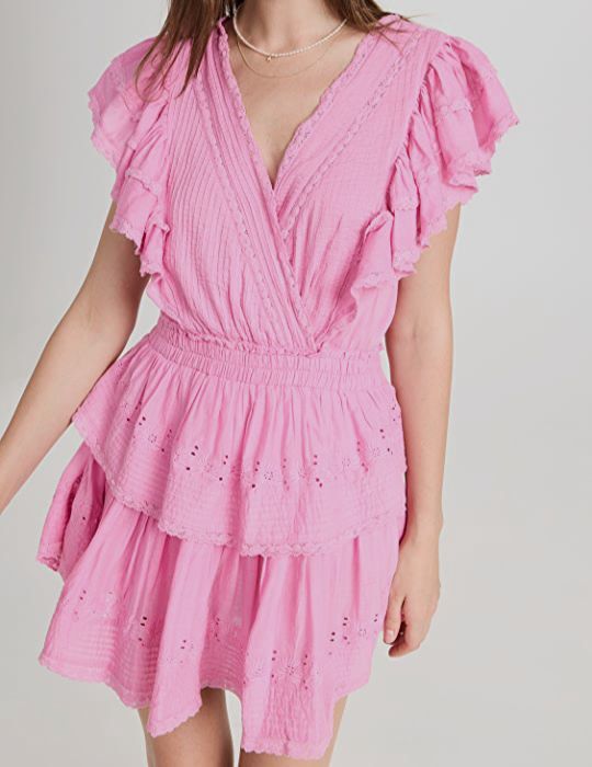 love shack fancy gwen dress pink Embroidered Eyelet Cotton V-Neck Flutter Sleeve Mini Dress