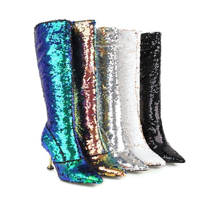 Womens Pointy Toe High Heel Stilettos shoes Sexy Bling Sequins Knee High Boots Womens Pointy Toe High Heel Stilettos shoes Sexy Bling Sequins Knee High Boots