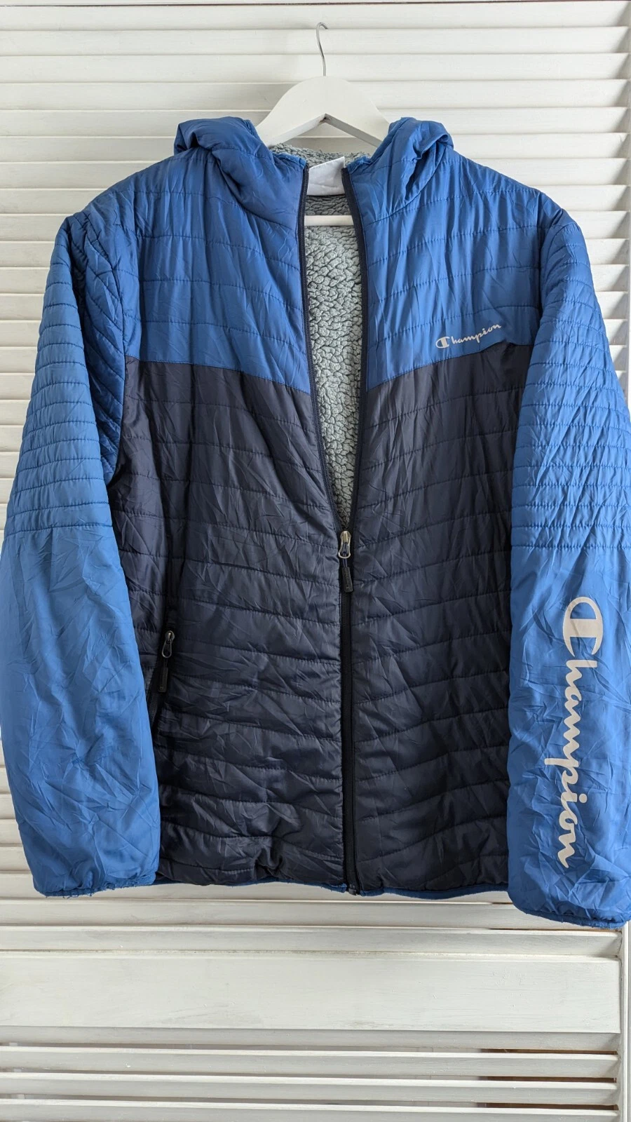 Mens Champion Puffer Jacket Size Small Padded Fleece Lined Blue Sleeve Logo