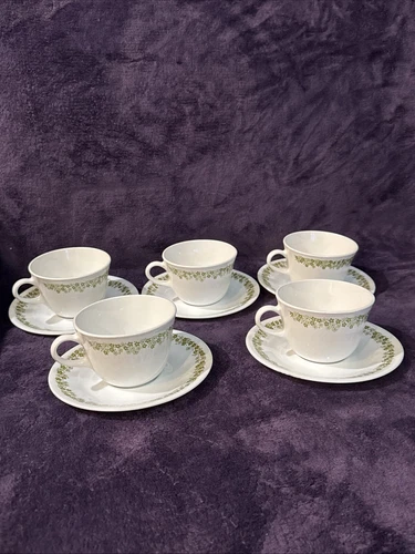 Vintage Corelle CRAZY DAISY Green Spring Blossom 8 oz Cup and Saucer - Set of 5