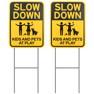 2 Pack Double Sided Slow Down Kids and Pets at Play Yard Signs with Metal Stakes