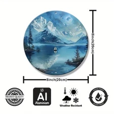 Snow Mountain Lake Sailboat Landscape Round Aluminum Sign