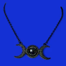 BLACK METAL MOON PHASE NECKLACE blue goldstone crescent goth wiccan choker 3F
