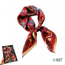 100 Mulberry Silk 27" Square Scarf Women Neckerchief Wrap Vintage Red Flower