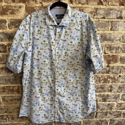 Bugatchi Shirt Mens Classic Fit XL Hawaiian Type Beach Print Surf Bike Sunglass
