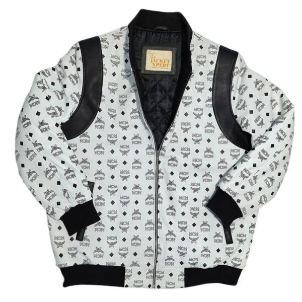 Conjunto de chaqueta y pantalones con estampado de diseñador traje de bombardero de cuero blanco MCM para hombre Foto 3 de 4