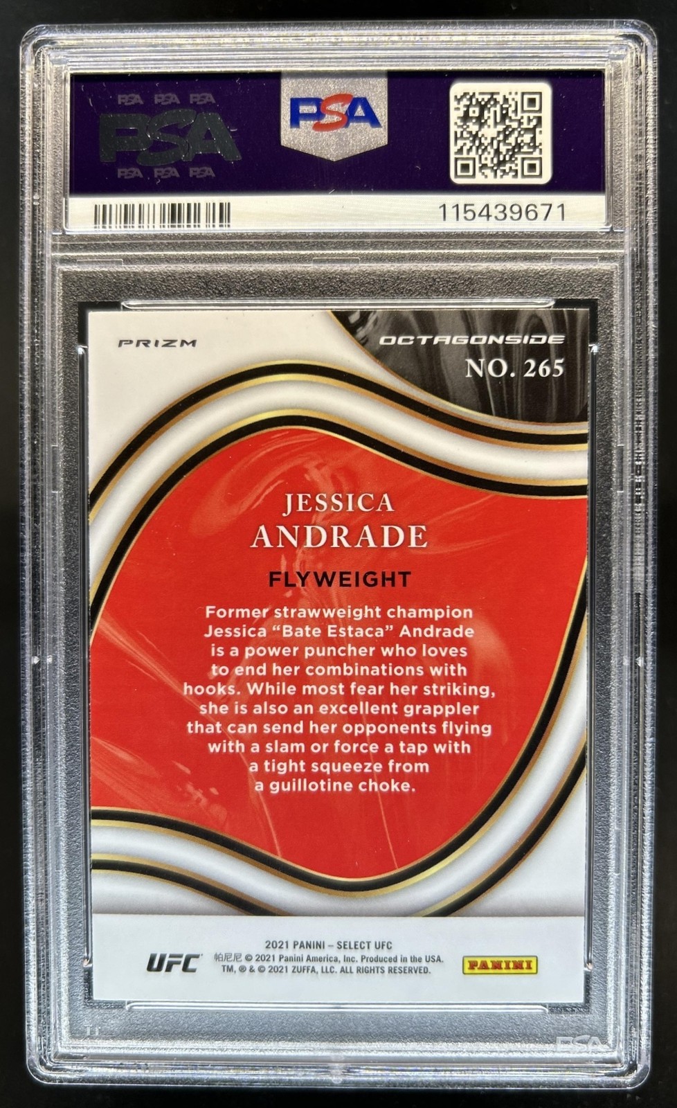 2021 Panini Select UFC Jessica Andrade SP Zebra Prizm Octagonside #265 PSA 10 view 2
