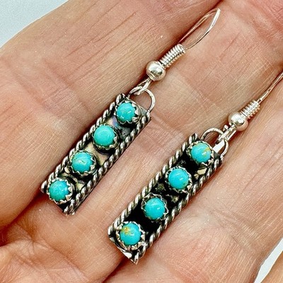 Navajo  4 Stone Snake Eye Dangle Earrings Turquoise 1.5in Sterling by J Spencer