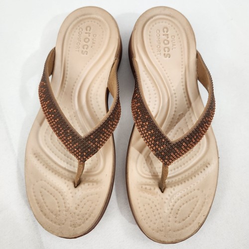 Crocs Women's 7 Capri V Diamante Flip Flop Sandals Shoes Brown Ombre Thong Wedge