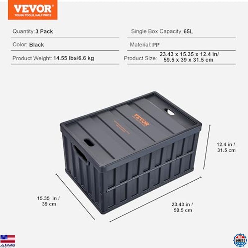 VEVOR 65L Stackable Collapsible Storage Bins - Set of 3 with Lids & Handles