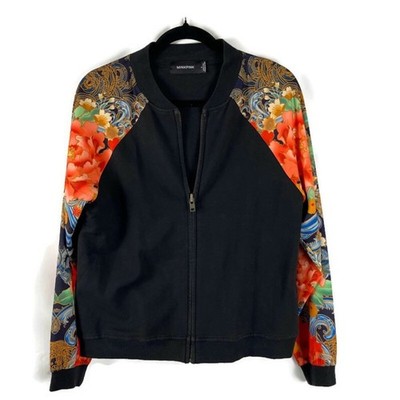MINKPINK Women's Black with Asian Print Floral Sleeve Bomber Jacket Size Small