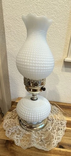 Vintage Milk Glass Hobnail GWTW Hurricane Parlor Lamp Double Globe 14.25"