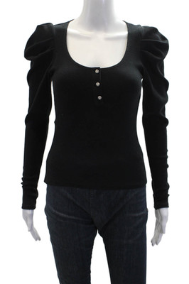 Cinq à Sept Womens Jeweled Button Puffy Long Sleeves Shirt Black Size Small