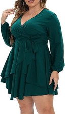 Women's & Girl's Plus Size Casual Long Sleeve Ruffle Wrap Mini Dresses