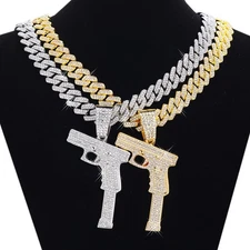 MEN'S HIP HOP MACHINE HAND GUN PENDANT & ICED CZ CUBAN CHAIN BLING NECKLACE