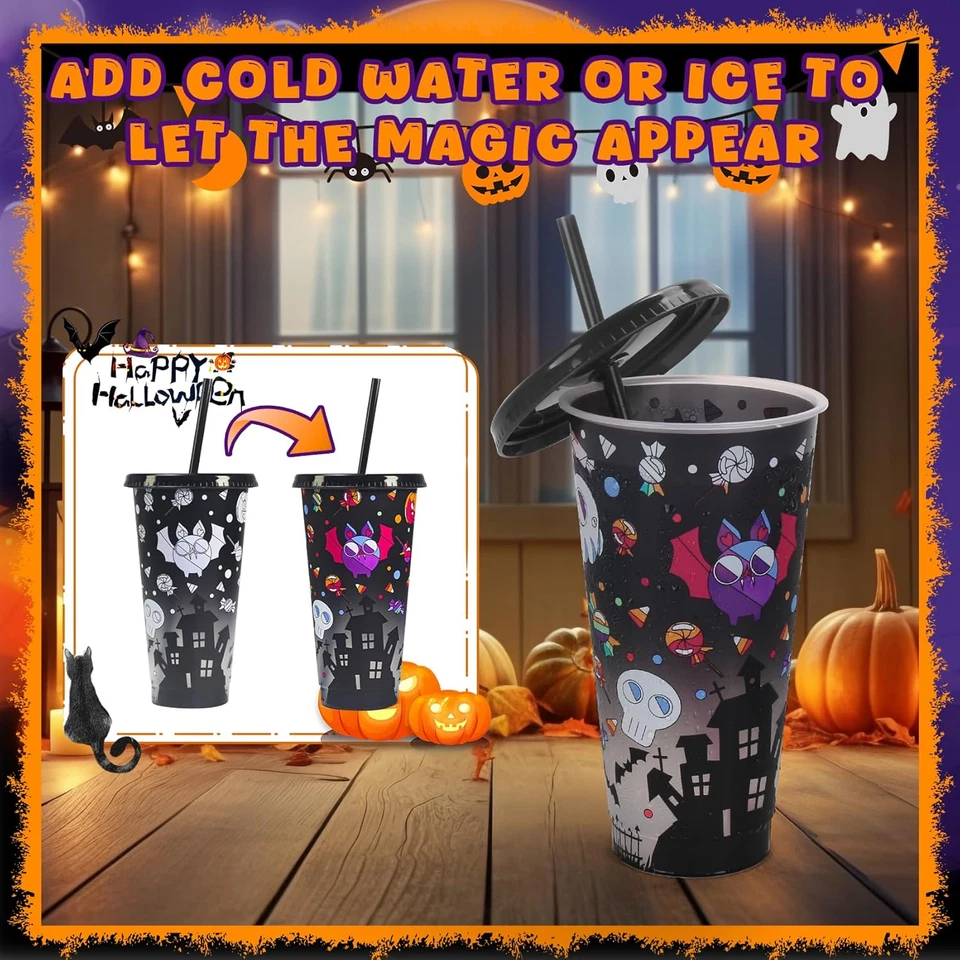 Halloween Color Changing Cups, 5-Pack 24 Oz Plastic Cups with Lids and Straws, T - Image 2 of 4