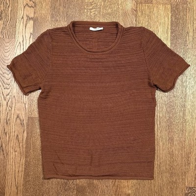 The Row Cotton Rolled Hem Textured Stripe Brown T Shirt Womens Small