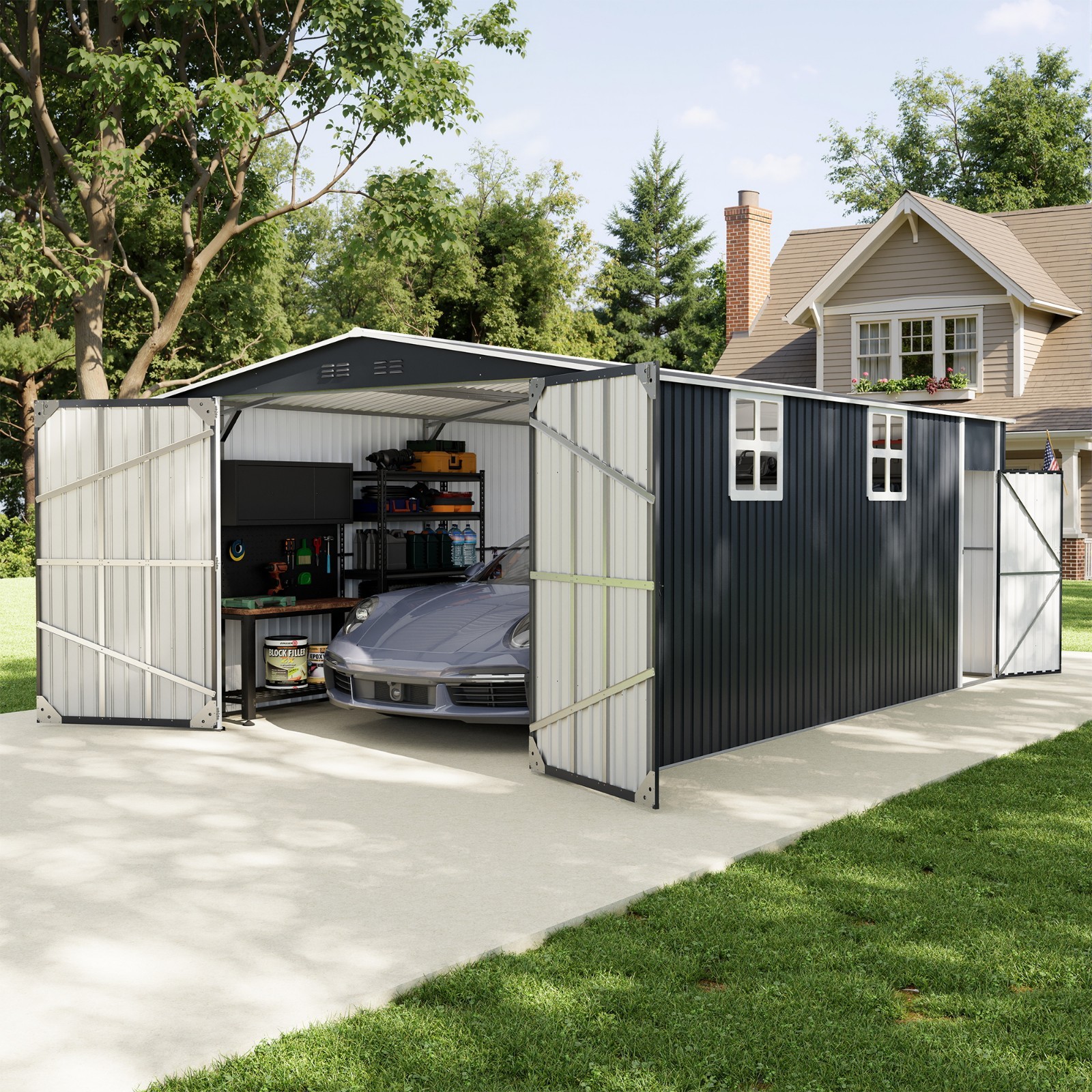 12 x 20 ft Metal Outdoor Storage Garden Tool Steel Shed with Windows,Dual-Access