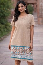 Christy&Co tan faux suede dress with a tribal print hem MWT
