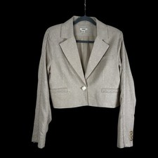 Jason Wu Women's Oatmeal Beige Linen Cropped Blazer Jacket Braided Trim Medium