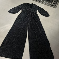 Simply Be Ladies Black Silver Metallic Jumpsuit Stretchy Long Sleeve New Tags 18