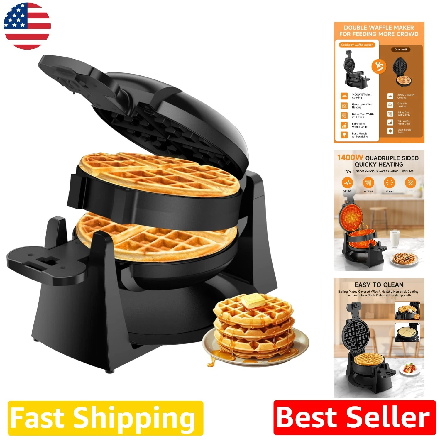 Elite 1400W Double Waffle Maker, Rotating Belgian Style, 8 Slices, Quick Clean