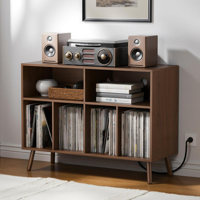 Cozy Castle Record Player Stand with Vinyl Storage Cabinet, Wood Turntable Table