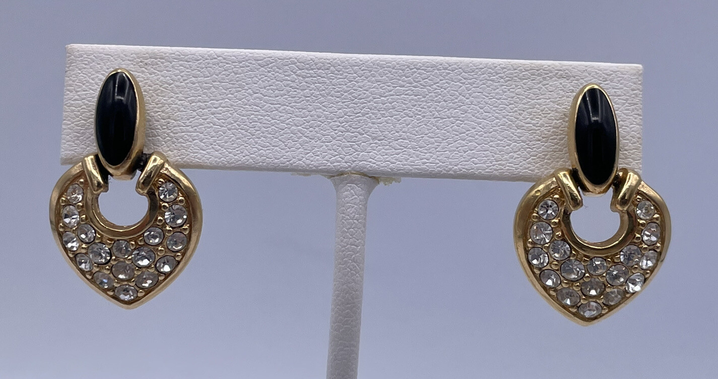 Vtg SWAROVSKI Swan Signed Rhinestone Black Enamel Dangle Drop