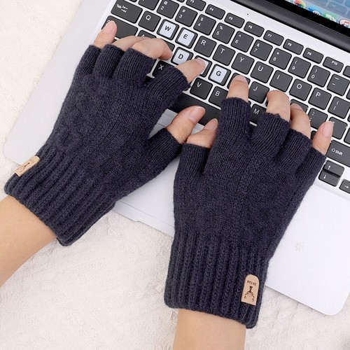 Thermal Fingerless Gloves Mens Womens Knitted Warm Winter Half Finger Mittens UK - Picture 4 of 18