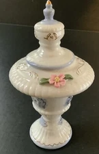 FREE SHIP Decorative Jar W/ Lid;White, Blue,Flowers,Gold Trim;8” Tall By 4” Wide