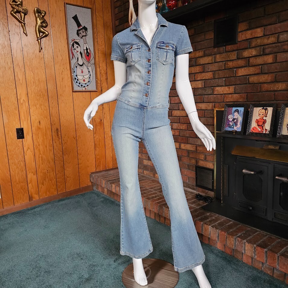 Vtg 90s do 70s Candies Denim Hiphugger Bellbottom Kick Flares Jeans  Jumpsuit S/M