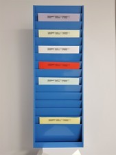 A4 Landscape Blue Metal Job Card Wall Rack - 15 Pockets - Garage & Workshop 