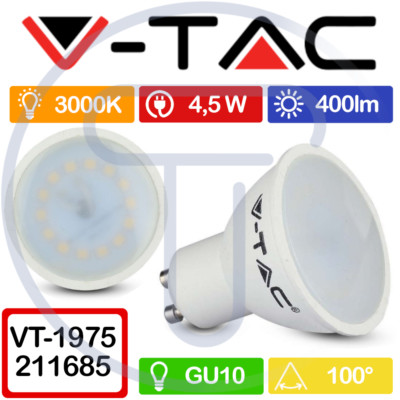 V-TAC VT-1975 211685 LED spot GU10 4,5W 100° Satinised cover warm light