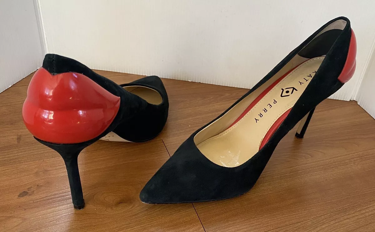 Katy Perry The Femi Red Lips Heels Suede Sz 7.5 black pumps