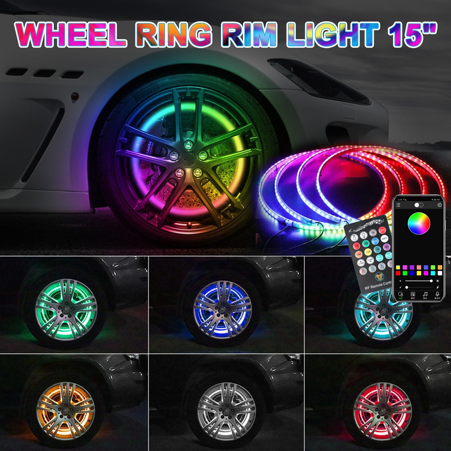 15'' RGB Wheel LED Light For Truck Ring Rim Lights Brake & Turn Signal Bluetooth