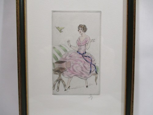 ANCIENNE GRAVURE PASTEL ENCADRE DESSIN PERSONNAGE JEU OISEAU - Picture 2 of 6