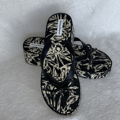 Tommy Bahama Wedge Platform flip-flop Thong Sandal Size 8 Black & white floral | eBay