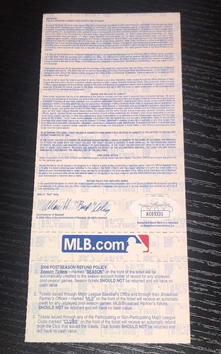 Charlie Manuel Signed Autograph 2008 World Series Game 1 Ticket Phillies JSA COA - Picture 2 of 2