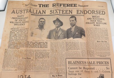 RARE  SPECIAL CRICKET SUPPLEMENT. THE REFEREE. 8/2/1934  4P NEWSPAPER BROADSHEET