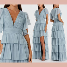 NEW Mac Duggal [ 4 ] 49595 Flutter Sleeve Ruffle Tiered Gown in Slate Blue Q1176