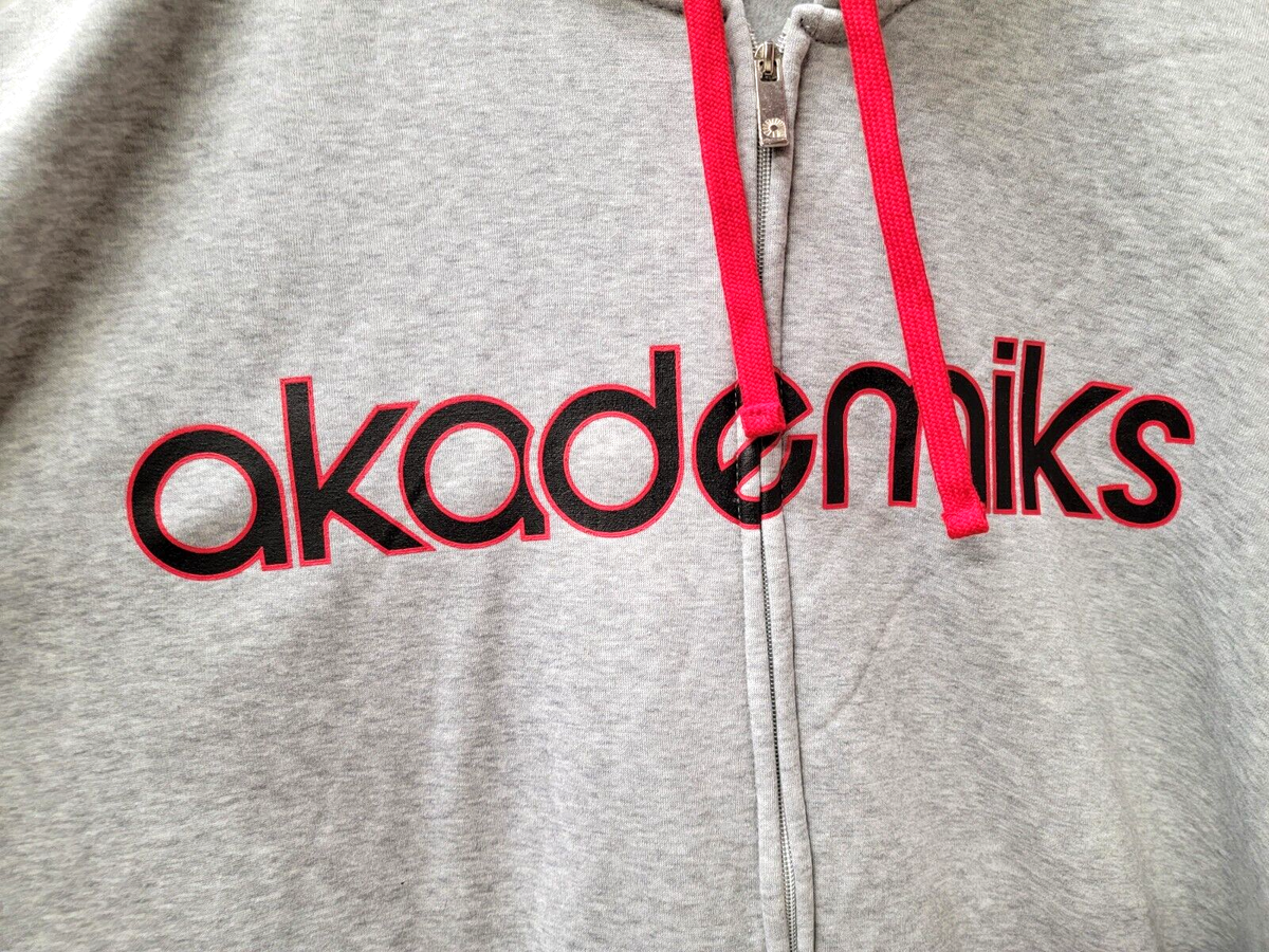 Vintage AKADEMIKS Size 5XL Full Zip Up Hoodie Gray Black Red