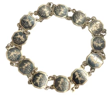 VTG Siam Sterling Niello Goddess Thai Dancer Linked Panel Signed Bracelet