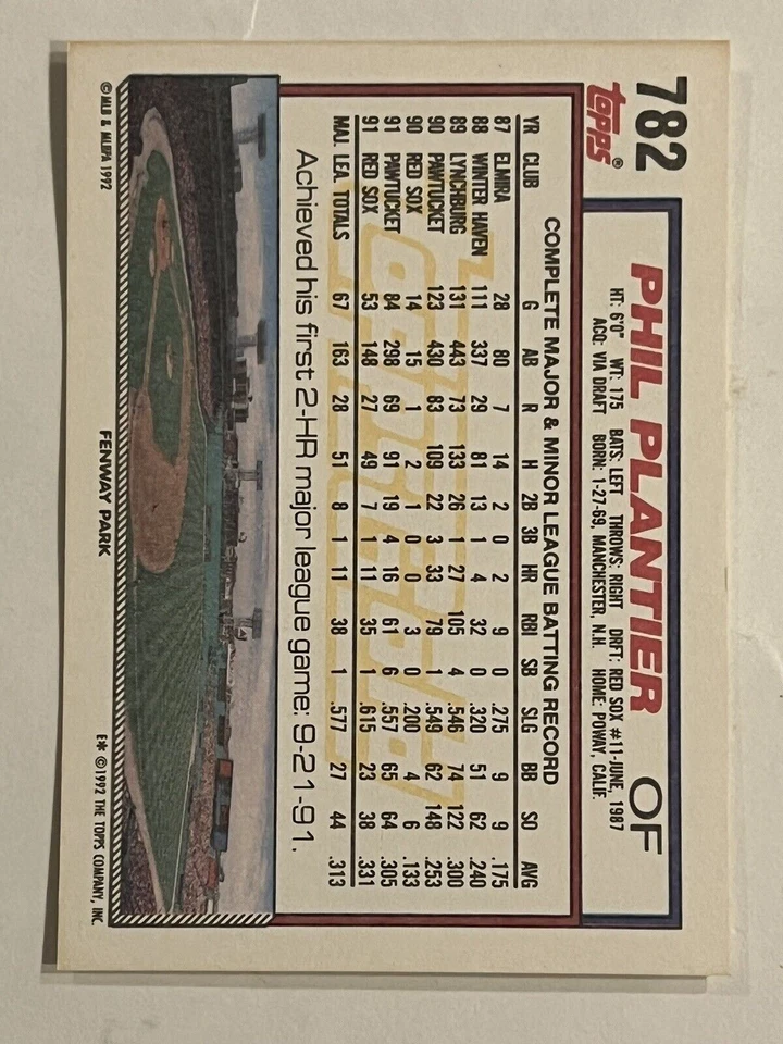1992 Topps Gold Winner Baseball  #782 Phil Plantier Red Sox - Image 2 of 2