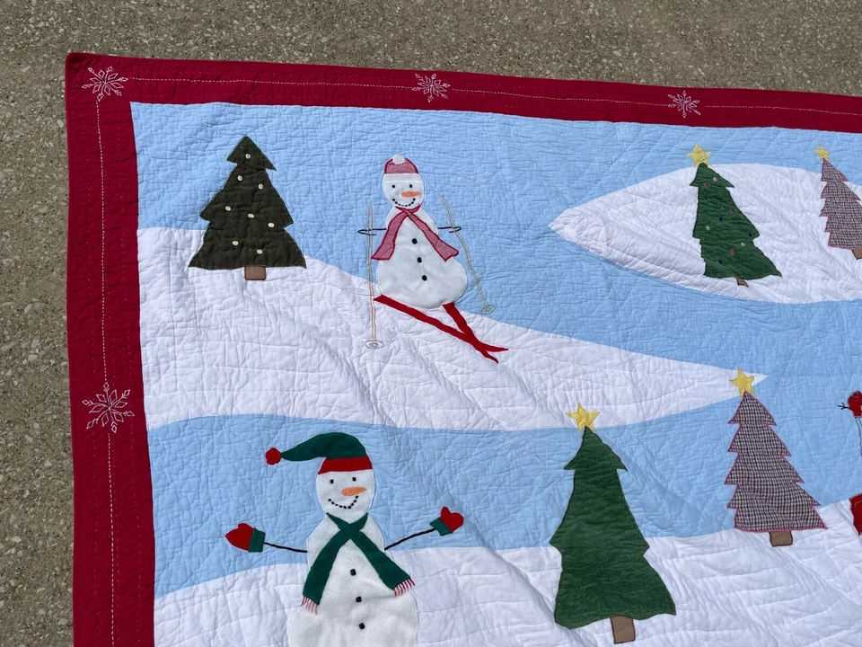 Vintage Handmade 80" Square Winter Frosty Snowman Cotton Corduroy Fleece Quilt - Image 3 of 4