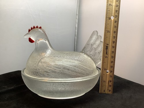 Caja de dulces cubierta de nido de gallina de pollo transparente de colección plato figurativo vidrio Indiana - Imagen 11 de 11