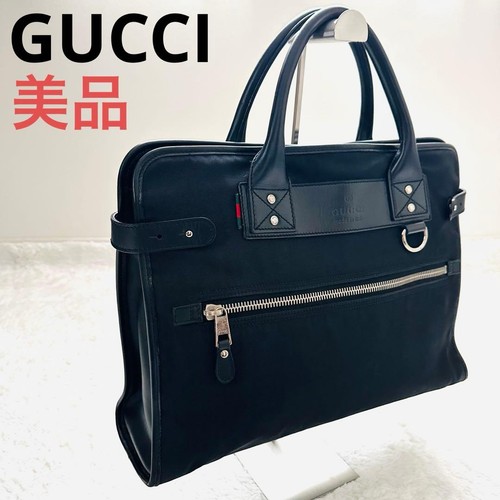 GUCCI Sherry Line Briefcase Hand Bag Leather Nylon Black Silver Hardware Japan