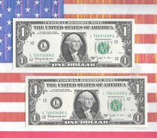 2 Diff U.S. 1$ FRN's, Both 1963B, Joseph W. Barr Notes, Consecutive SN, CH Unc.