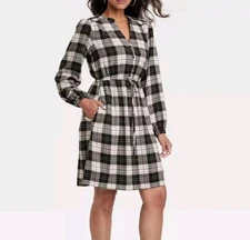 Women Long-Sleeve Plaid A-line Dress Knox Rose Black
