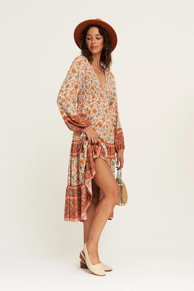 Arnhem Dress AU Size 6 US 2 XS Midi Phoebe Boho Rustic Honey Floral Long Sleeve